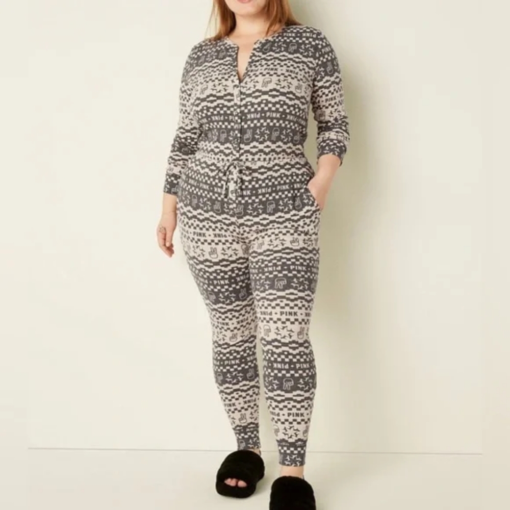 Black & White Fair Isle Victoria's Secret Pink Footie Pajama Onesie NWT Size L